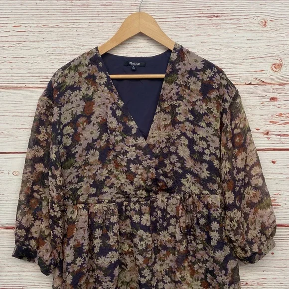 Madewell Drawstring Faux-Wrap Mini Dress in Daisy Reverie Sz S - Picture 9 of 16